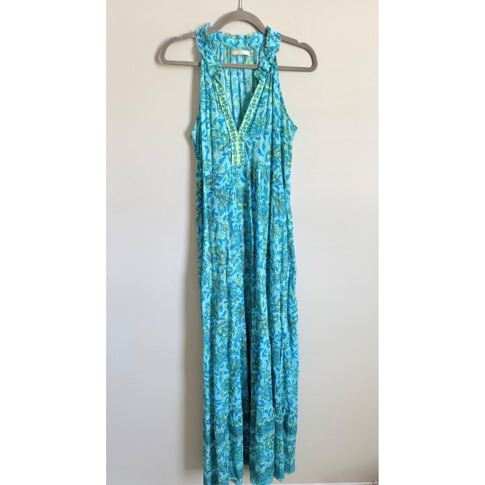 Lola Australia Sapphire Maxi Dress Blue Green Paisley Floral Cotton Tiered S